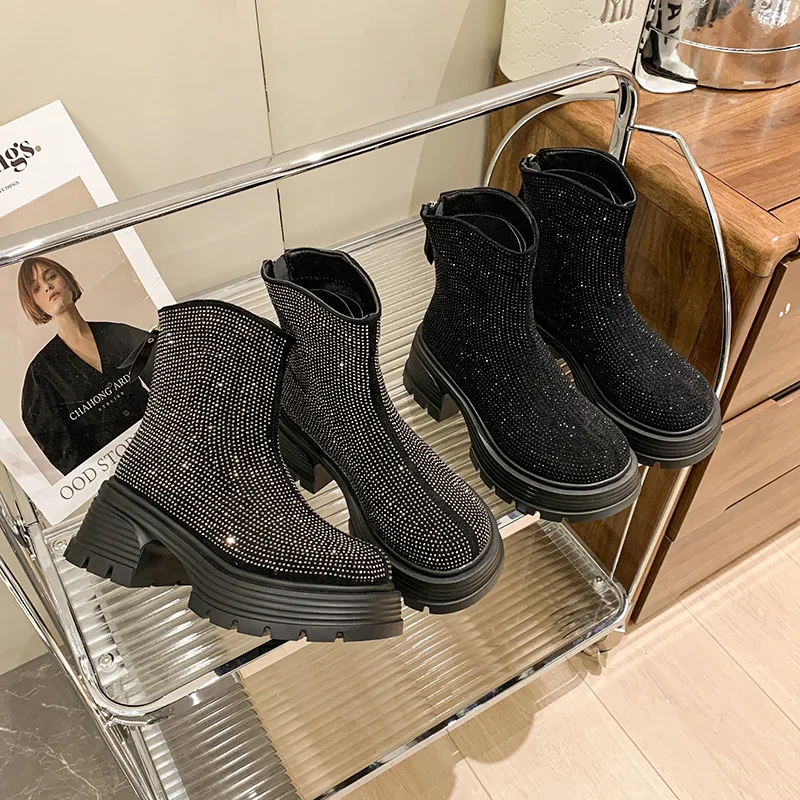 

Starry Sky Rhinestone Leather Boots for Women Platform Thick Sole Back Zipper Warm Cotton Shoes