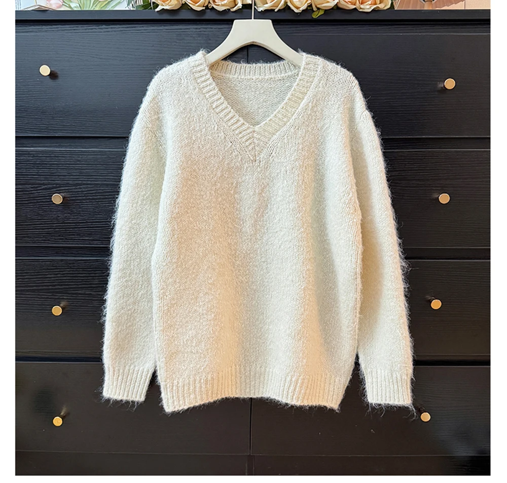 

Korean Style Simple Retro Women's Knitted Sweater 2025 Autumn V-Neck Long Sleeve Fluffy Loose Elegant Versatile Female Tops