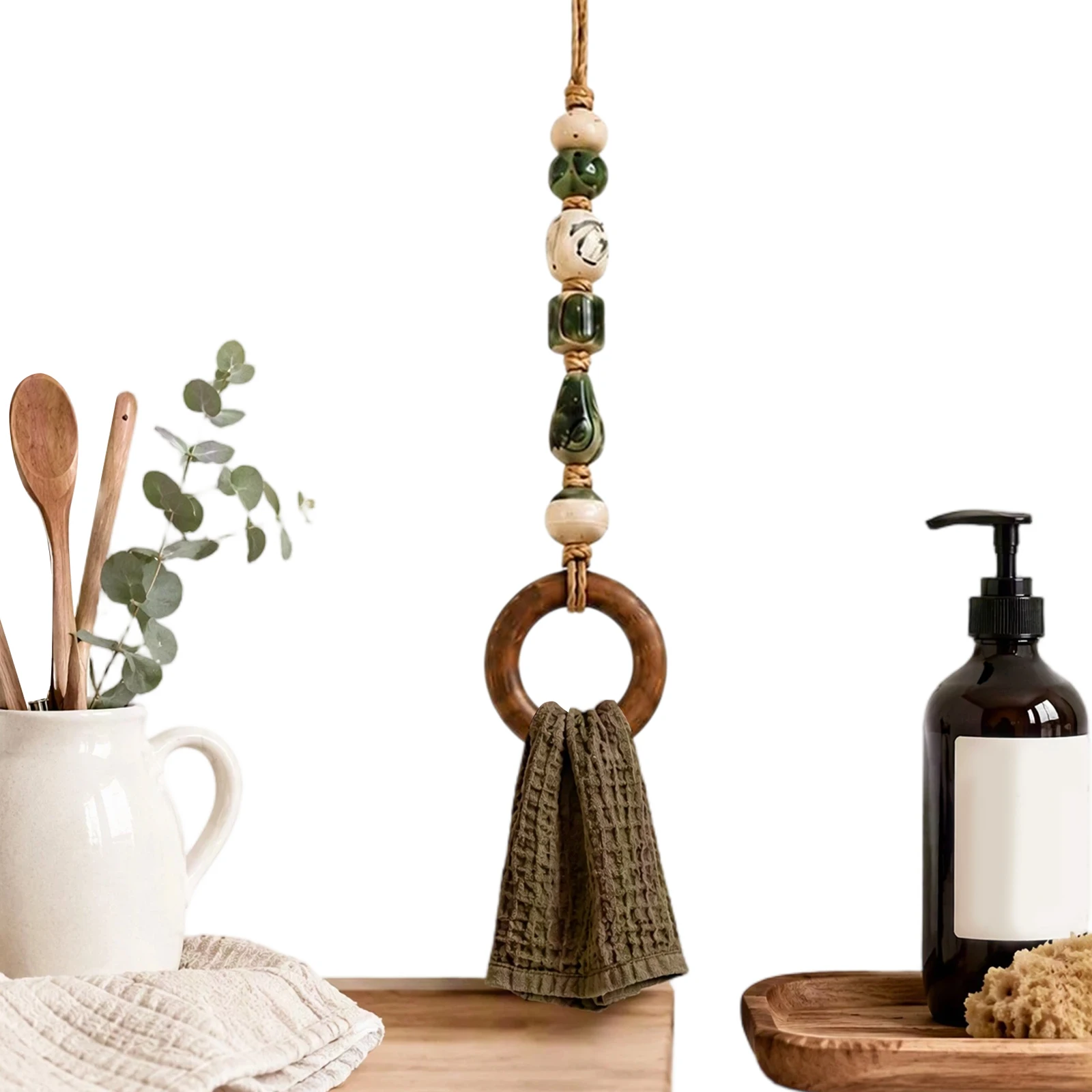 Wooden Beaded Towel Hanger Boho Wall Mount Rack Farmhouse Bathroom Entryway Bedroom Decor 25x5cm
