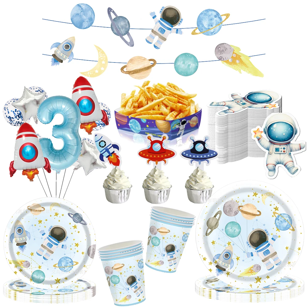 Weltraum-Astronauten-Party-Dekorationen Banner Tischgeschirr Teller Becher Servietten Jungen Astronauten-Party-Zubehör Astronauten-Raketen-Ballon – Detail 1