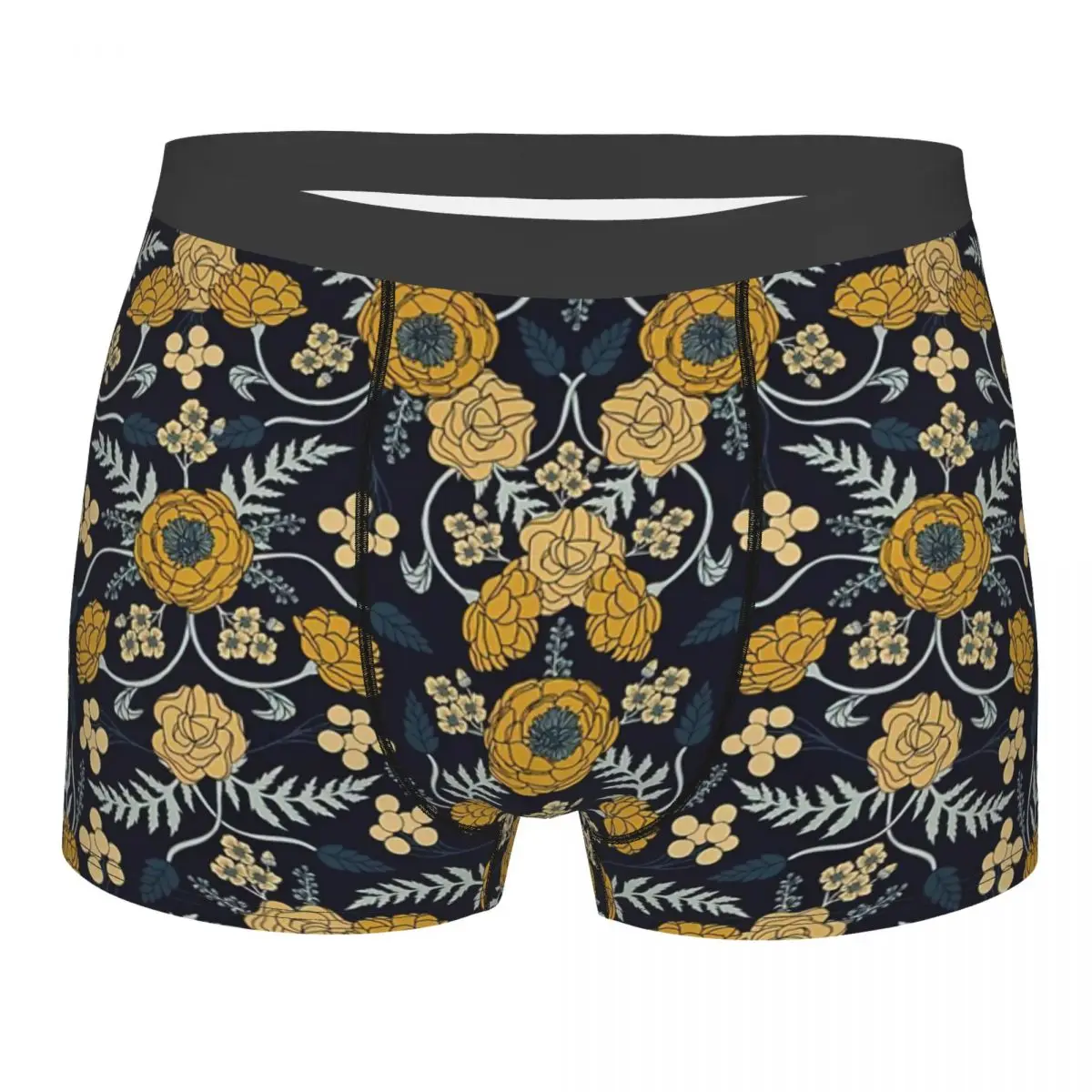 Turquoise, Cream & Mustard Yellow Dark Floral Pattern Underpants Breathbale Panties Male Underwear Print Shorts Boxer Briefs