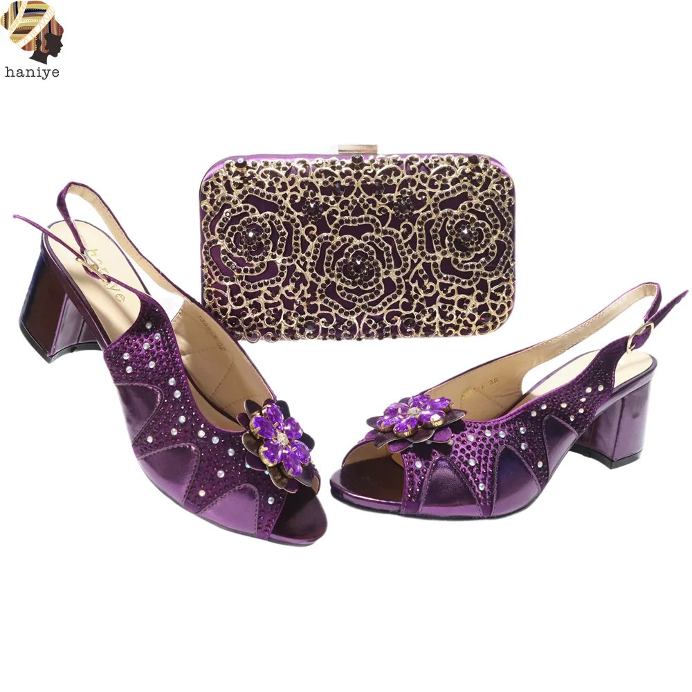 

Women's Purple Party Rose Flower Crystal Clutch Bag Matching Peep-toe Shoes In Summer Italian Style Chunky Heels With Handbag