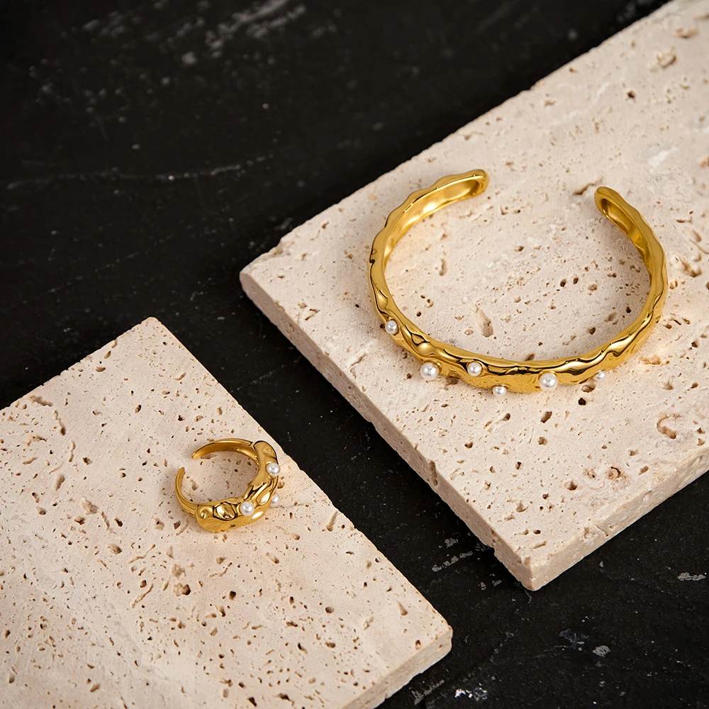 

ENFASHION Anillos геометрическое открытое кольцо с искусственным жемчугом для женщин, кольца из нержавеющей стали золотого цвета, уличная мода, ювелирные изделия R 234215