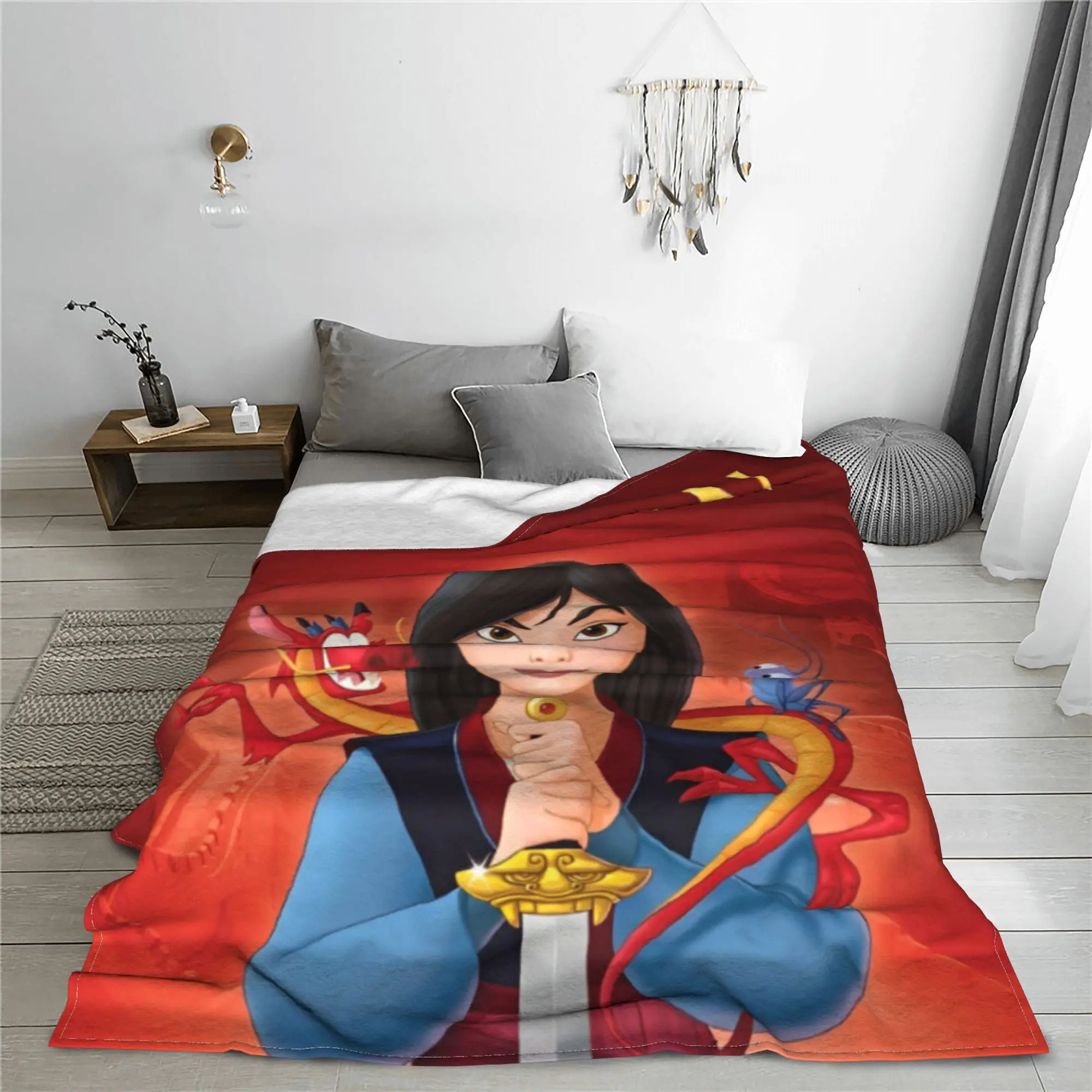 Mulan Princess Beaty Cartoon Knitted Blanket Cute Mushu Flannel Throw Blanket Bedding Couch Decoration Warm Breathable Quilt