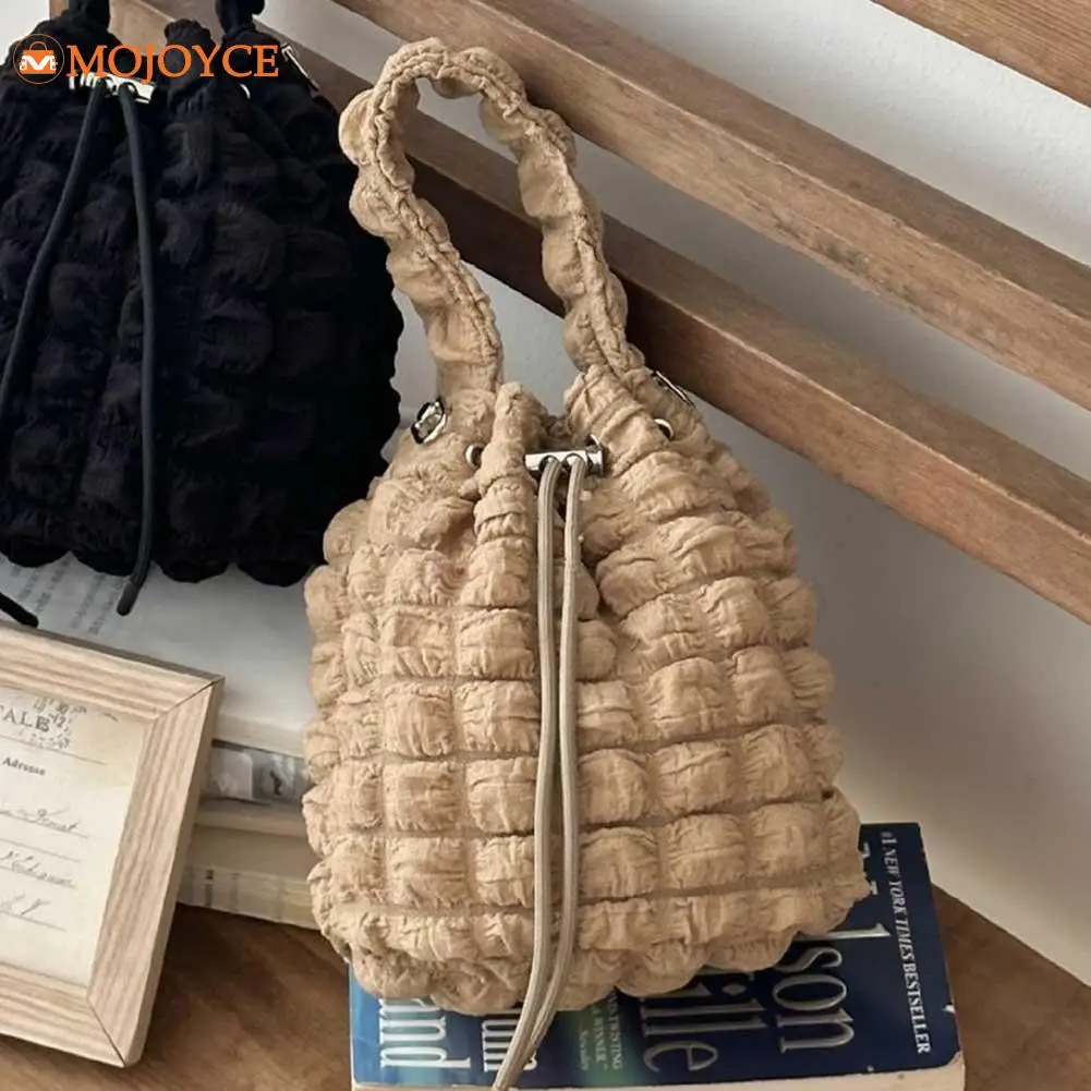 Versatile Drawstring Soft Sling Bag Quilted Pleated Bucket Tote Ladies Solid Color Small Handbags Casual Shoulder Bags for Women