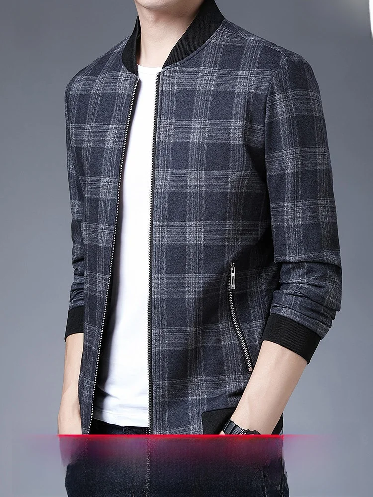 Fashionable Winter Men's Baseball Collar Jacket with Zipper Pockets Casual Checkered Patterned Outerwear by Hengyuanxiang