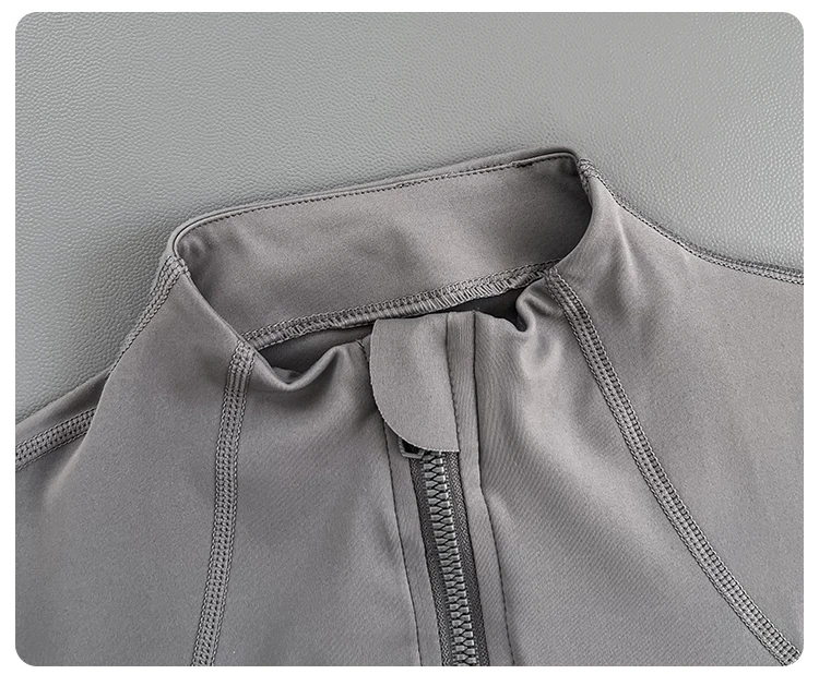 Damen Slim Fit Yoga-Jacke mit Stehkragen, Reißverschluss, Daumenlöchern, langen Ärmeln, für Laufen, Fitness und Sport. – Detail 3