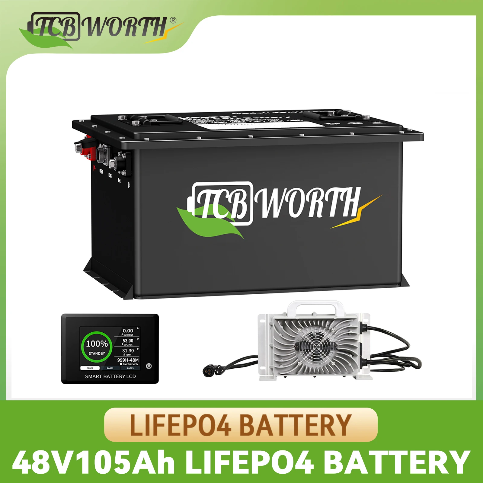 48V 105Ah Lithium Battery,Built-in 200A BMS with Touch Monitor,APP Supported,MAX 10.24 kW Designed for Golf carts with Charger