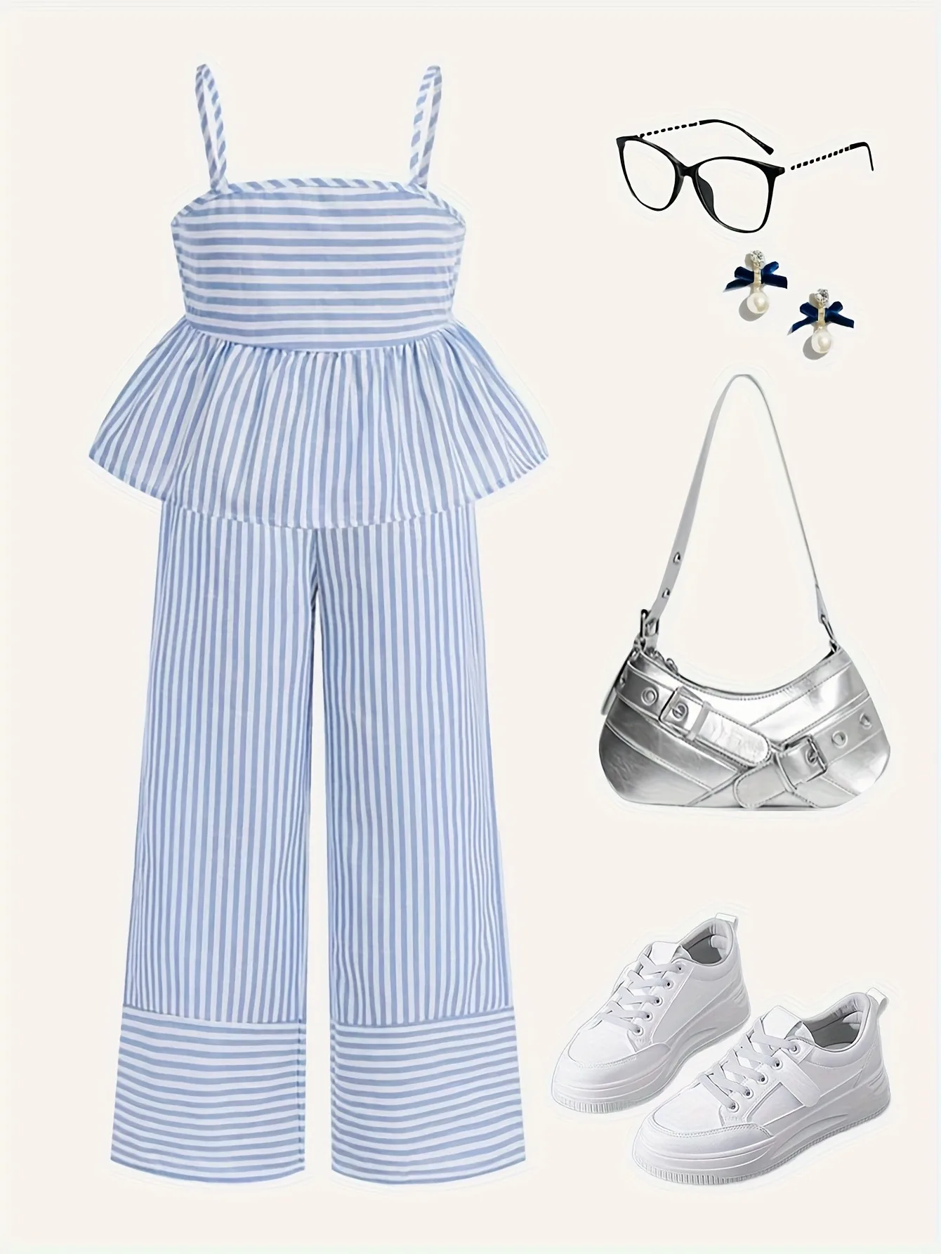 Comfy Kids Girls 2-Piece Striped Set, Breathable Fabric Peplum Top & Wide Leg Pants for School & Vacation