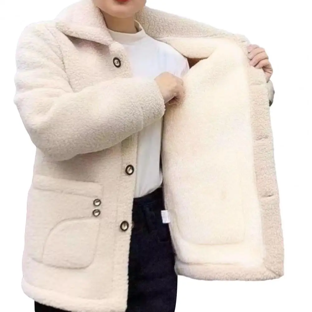 Thickened Jacket for Women Solid Color Coat Autumn Winter Lapel Imitation Lamb Wool Cardigan Single Breasted Outwear Jacket