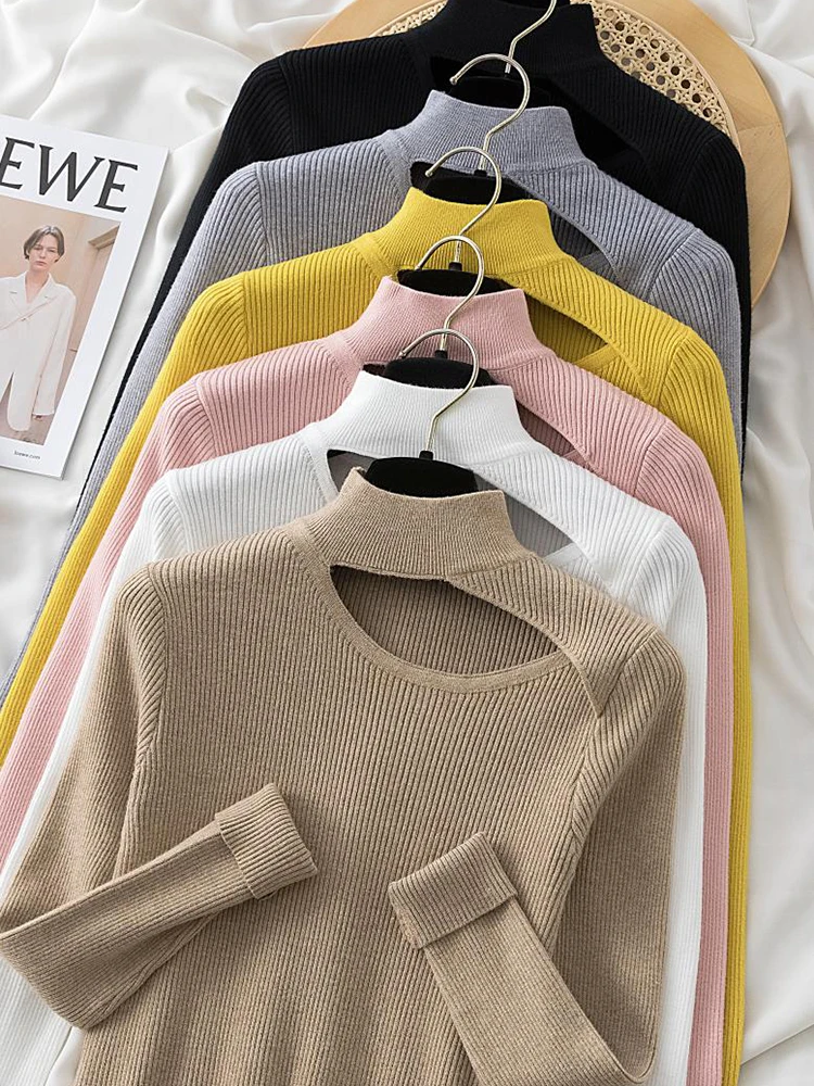 Skew Hollow-out Pullovers for Women Long Sleeve Half High Collar Knitted Sweater Female Korean Solid Jumper Pull Femme Sweaters