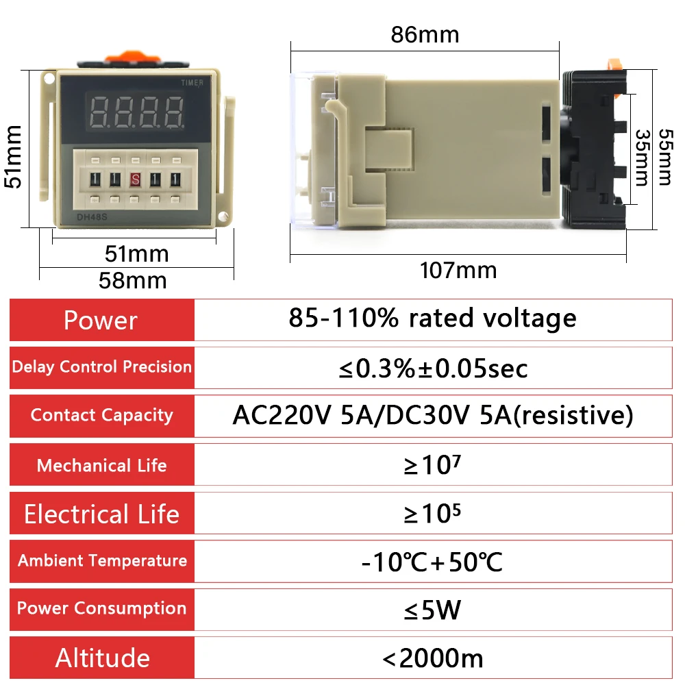 0.1S-99H DH48S-S Digital LED Programmable Timer Relay Switch Socket Base DC 12V 24V  AC 110V 220V Repeat Cycle Timer DH48S-1Z 2Z