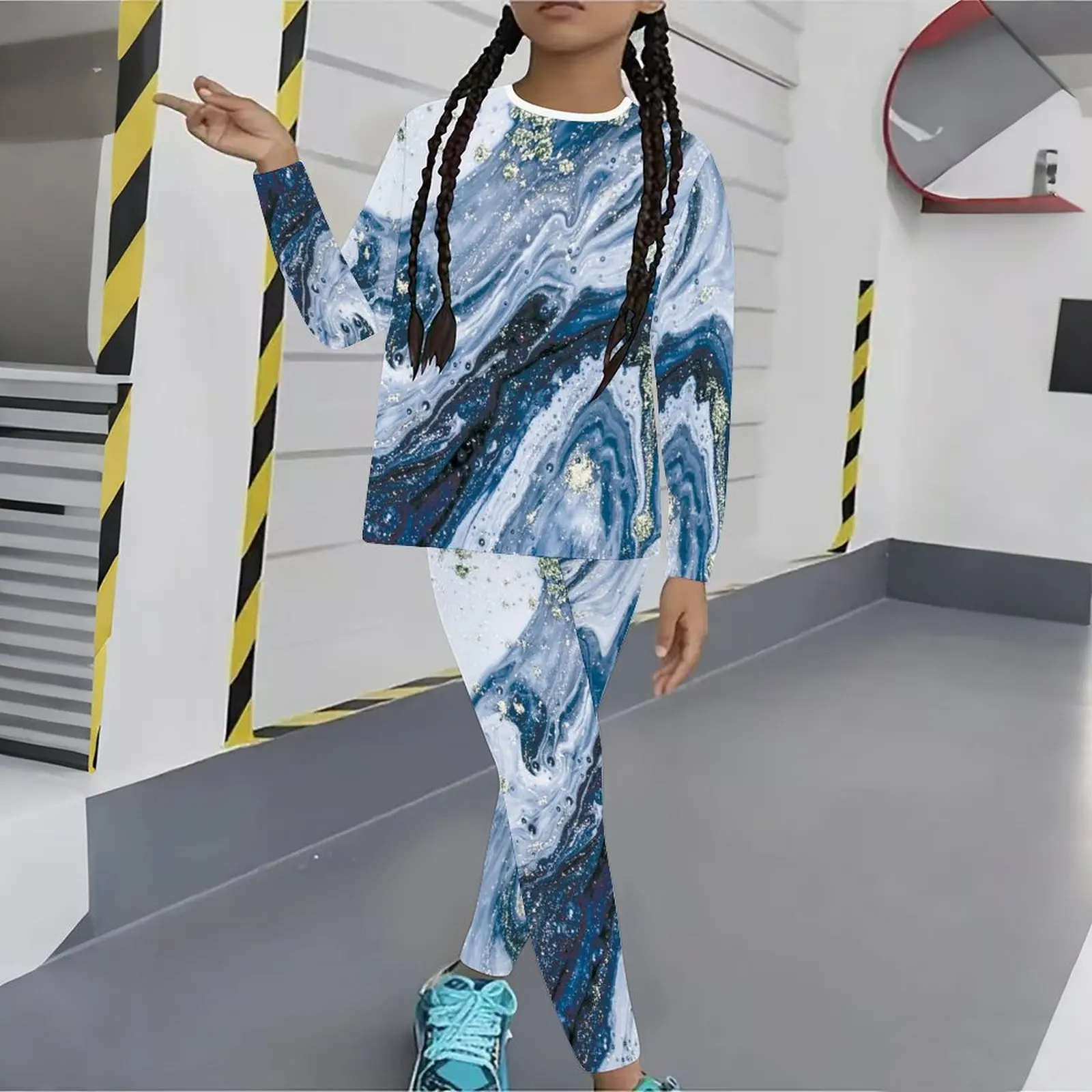 Winter Jogging Pants Girls Print Long Sleeve Round Neck Top Cute Two-Piece Daily Casual T-shirt Autumn Leggings
