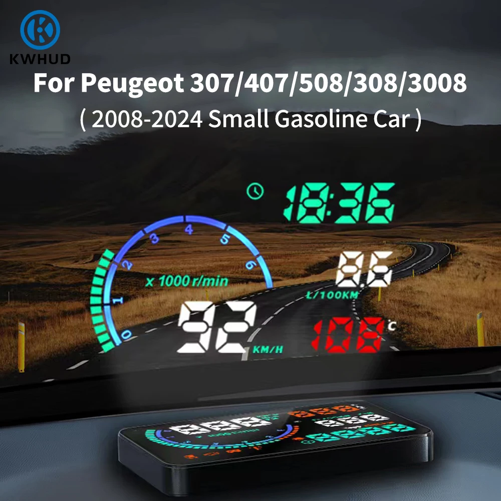 KWHUD Car OBD2 HUD Head-up Display for Peugeot 407/307/508/308/3008 2008-2024 Gasoline Car Speed/Volt/RPM/Fuel Consumption Meter