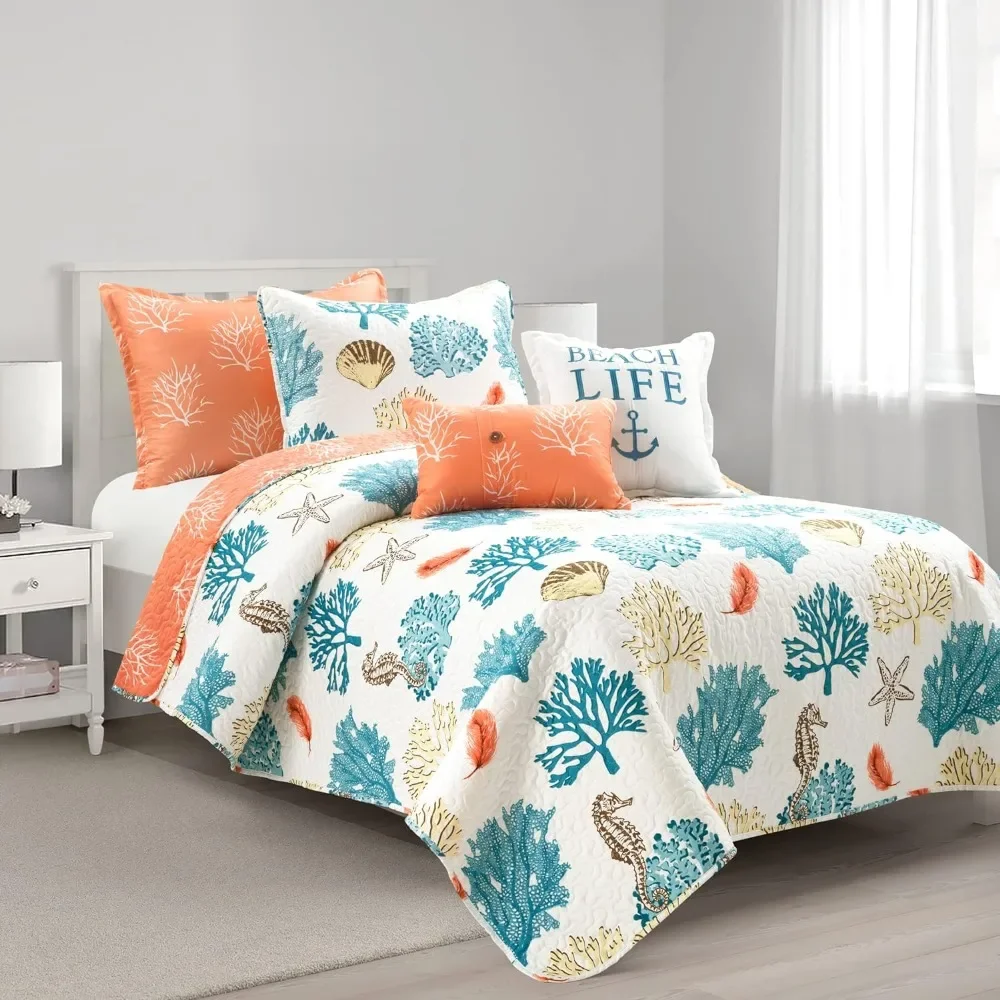 

Decorative 7-piece coastal reef duvet set, king, blue and coral