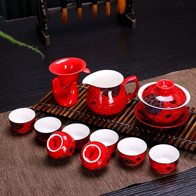 Chinese wedding dowry red marry celebration new tea cup suit pot tea set kettle kung fu ceramic teapot tray teaset gift