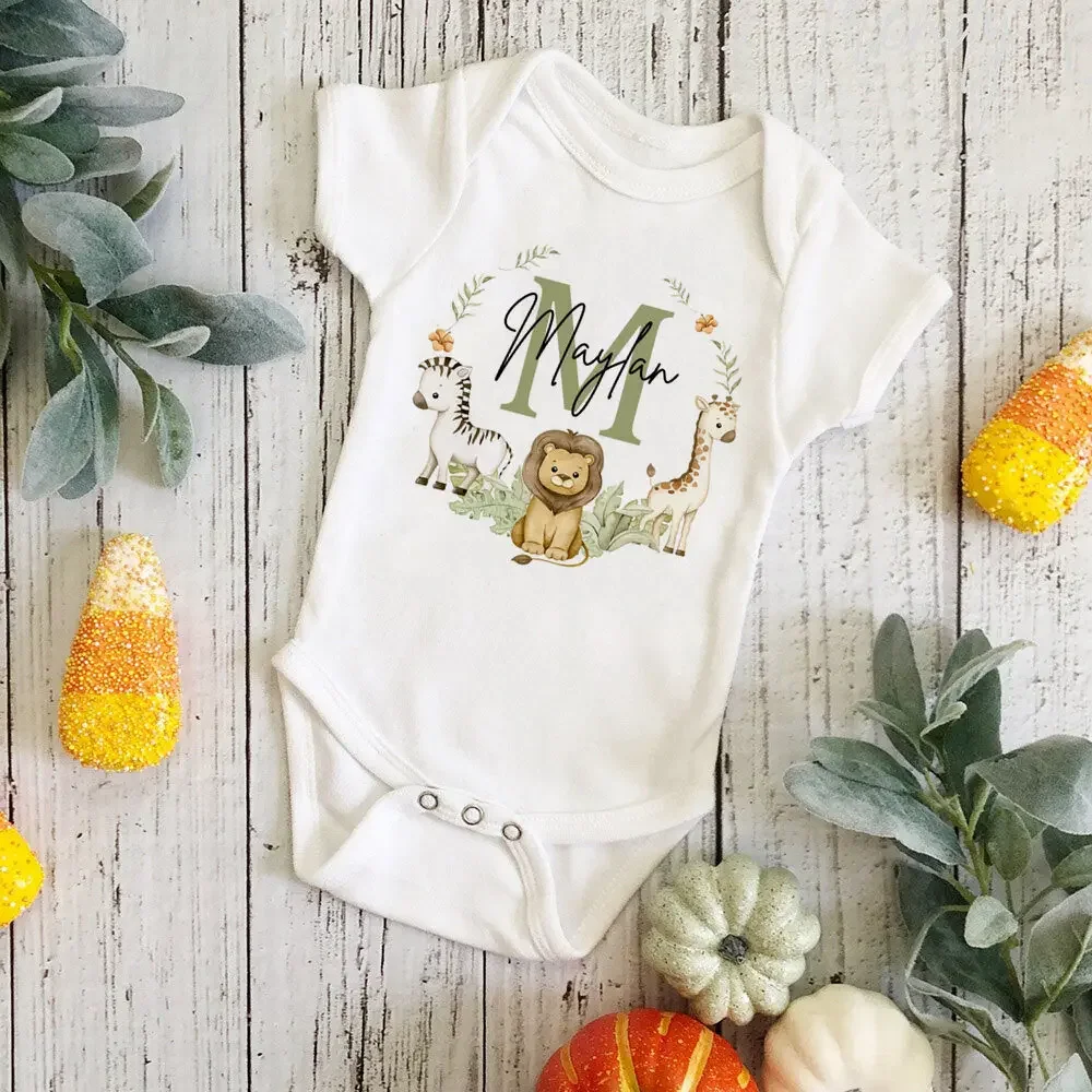

Personalized Baby Jumpsuit Custom Name Newborn Wild One Romper Safari Animals Print Outfit Baby Girls Clothes Infant Shower Gift