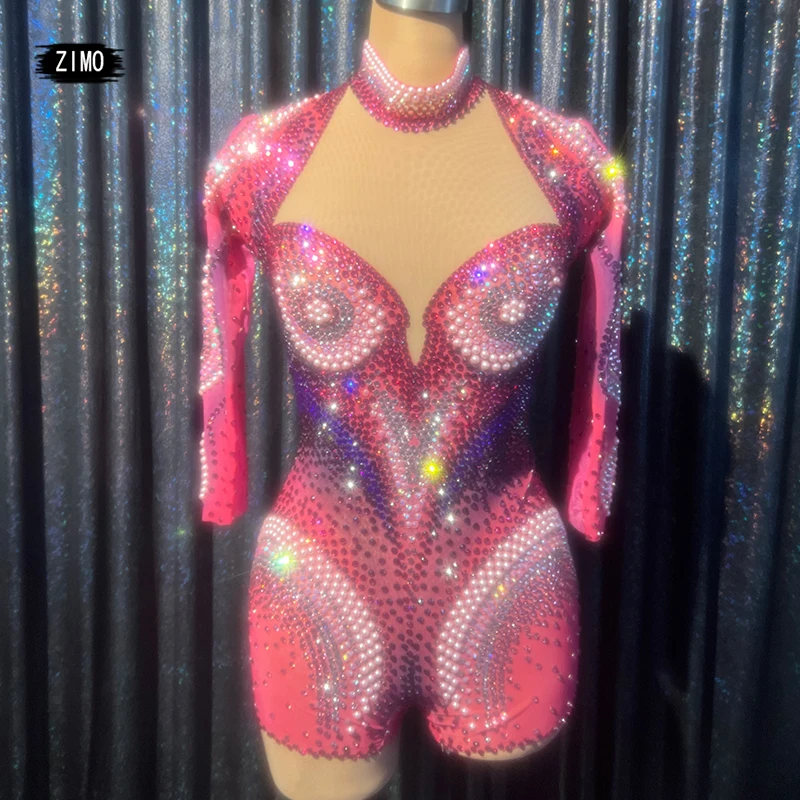 luxury sparkle Full rhinestones jumpsuit sexy pink pearl bodysuit club party birthday leotard DS pole dance drag queen costumes