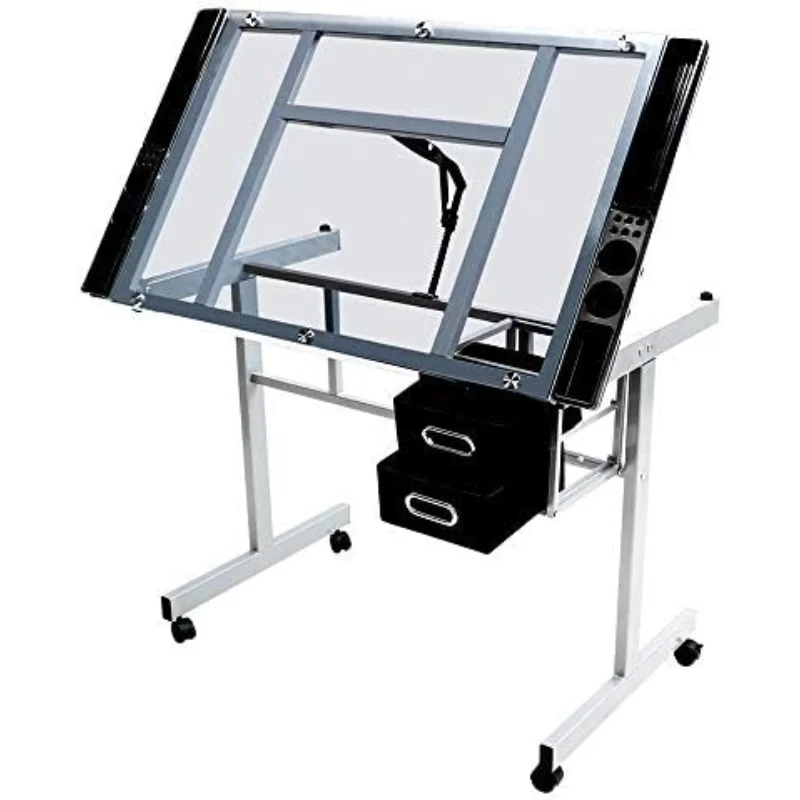Glass Drafting Table Rolling Drawing Desk Artists Art Craft Desk w/2 Slide Drawers and Wheels for Home Office School