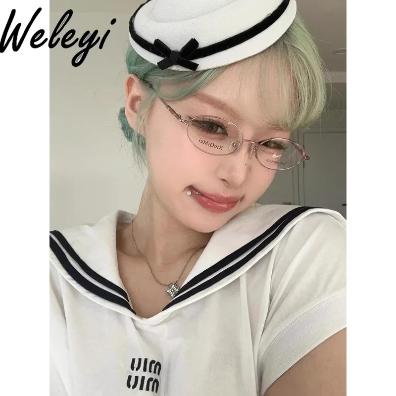 Cute Jirai Kei Sailor Velvet Bow Top Hat Woman Sweet Headgear Naval Style Jk Girls Caps Black and White Dome Hats for Women 2024