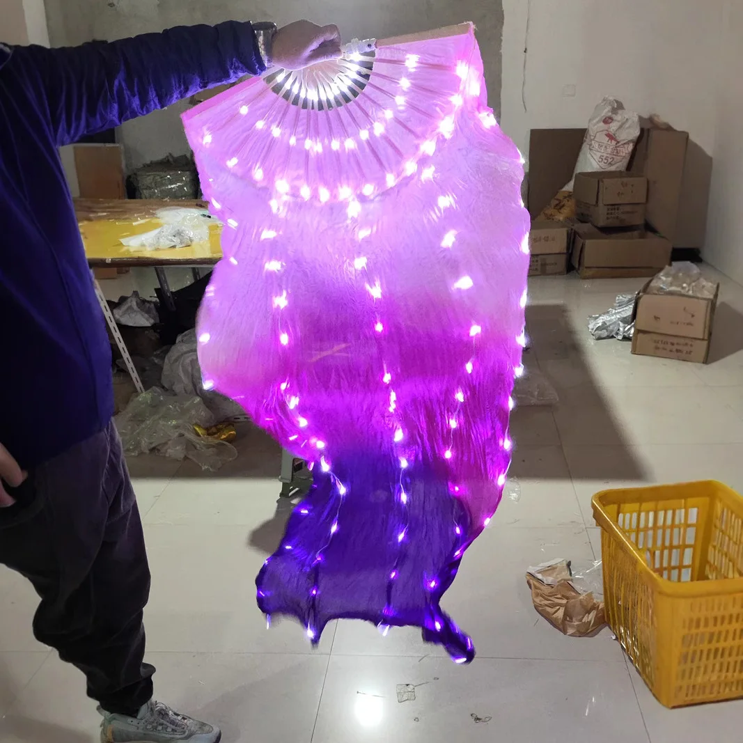 New Adult LED Light up Fan Pink Rose Purple Gradient Soft Silk Dance Fan Rechargeable Belly Dance Accessories Dancer Party Props