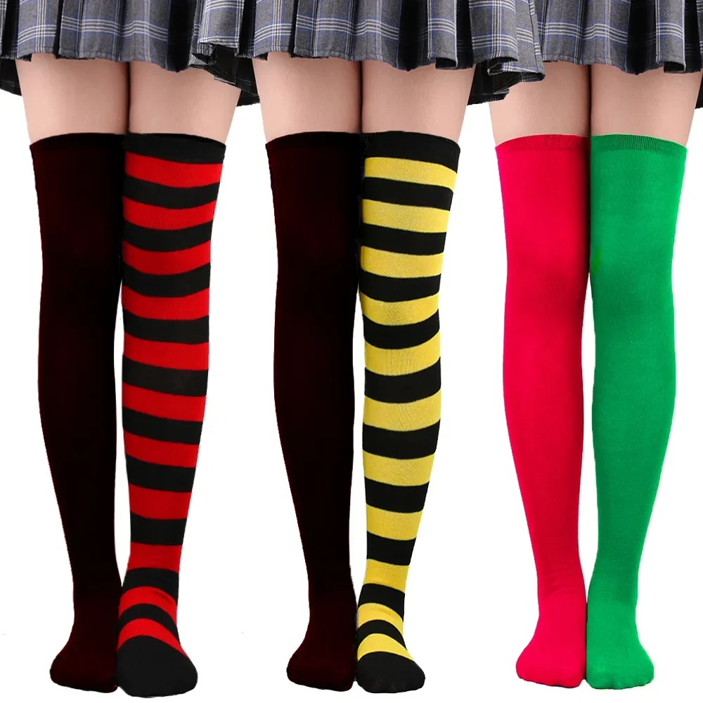 Sexy Anime Women's Two Toned Clown Tights Thigh High Socks Striped Stockings for Women Long Tube Over Knee Cosplay Costume