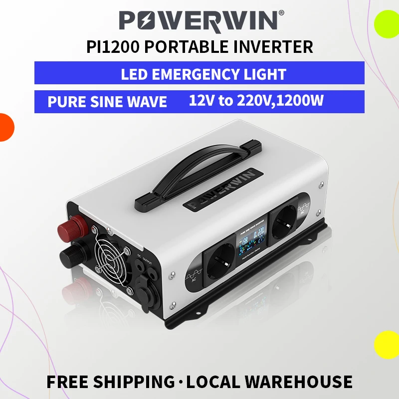 

12V 1200W Pure Sine Wave Inverter POWERWIN PI1200 with 7 Ports, LCD Screen, and Battery Cable Perfect for RVs and Boats