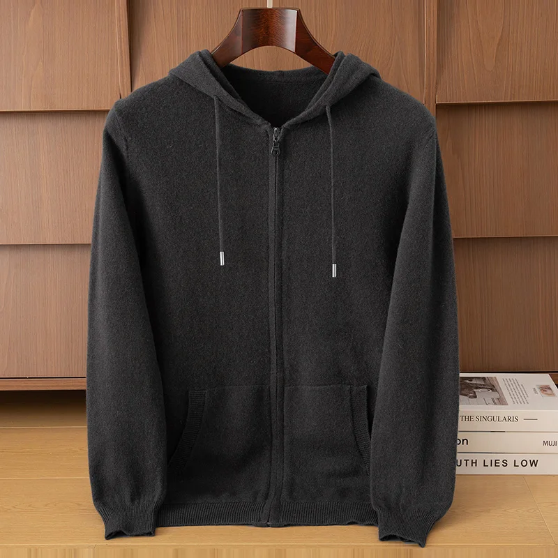 100% Australia Wool Men's Suit Autumn Winter Hooded Long Sleeved Knitted Cardigan Elastic Casual Straight Leg Pants 2-piece Set