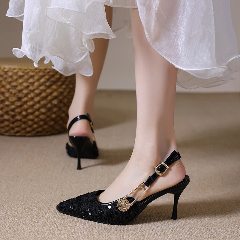 2026Pointed-toe Stiletto Heels Women's Sequins Cloth Spring and Summer New Straight Buckle Banquet Shoes Single Shoes