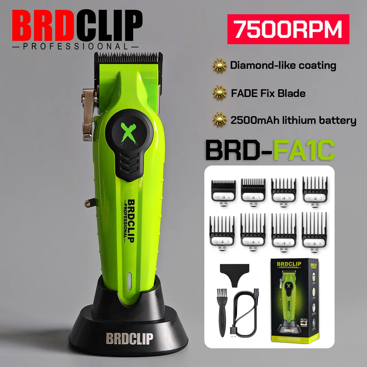 2024 Fashion BRDCLIP FA1C 7500RPM Barber Professional Hair Clipper High Speed Motor 2500mAh Electric Trimmer DLC Blade with Base