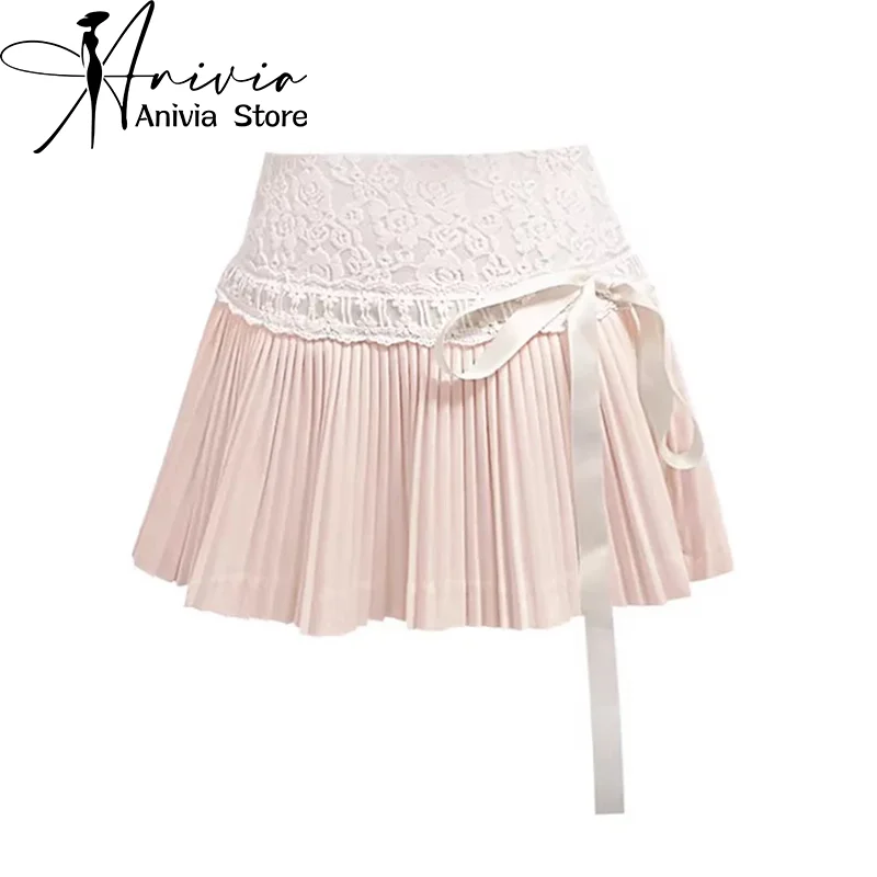 Women\'s Patchwork Lace Light Pink A-line Skirt Vintage Y2k Aesthetic Mini Skirt Korean Elegant Skirts 2000s Clothes Summer 2024