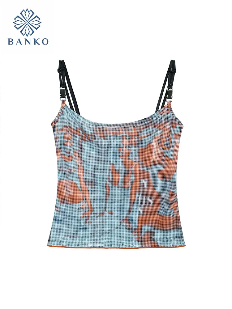 

American Retro Print Graffiti Vest Off Shoulder Sleeveless Spring Summer Women Sexy Tank Tops Chic Blue Camisole Cozy Clubwear