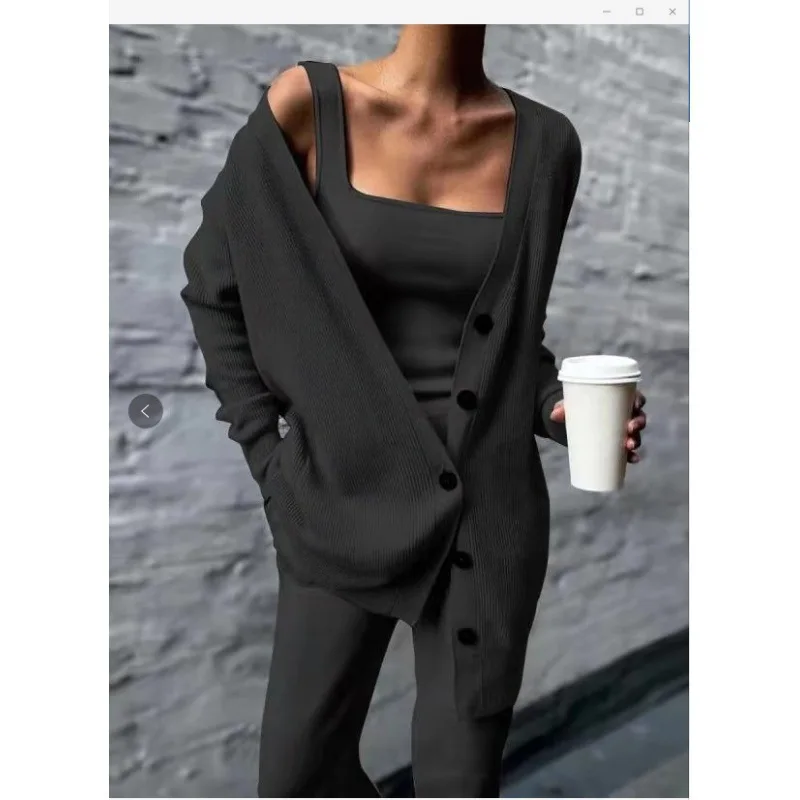 Knitted Three-piece Sets Women Spring and Autumn New Jacket Vest Pants Womens Sets