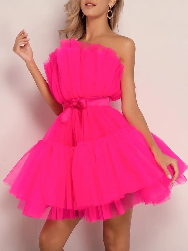 2022 Summer Long Sleeve Pleated Loose Dress Women Spring Off Shoulder Mesh Party Dress Sexy Slash Neck Backless Mini Short Dress