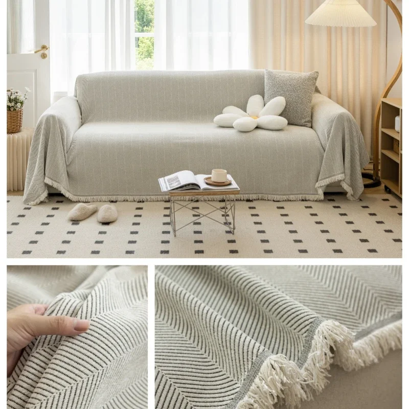 Sofa Towel Living Room Sofa Cover Solid Non Slip Washable Breathable Tassel Edge Cushion Home Decoration