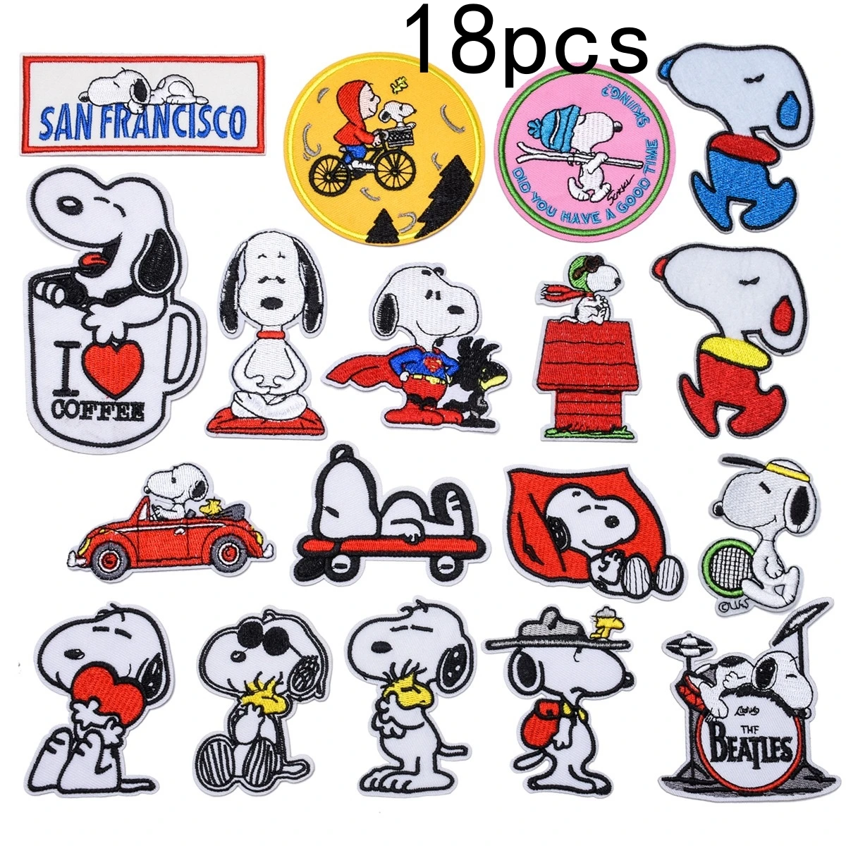 18Pcs Snoopy Dog woodstock Pattern Embroidered Patches Iron-On/Sew-On Animal Self-Adhesive Clothing Appliques for Diy
