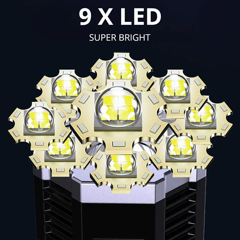 9 LED Super Bright Flashlight Rechargeable Outdoor Multi-function Waterproof Led Long-range Spotlight Battery Display COB Light