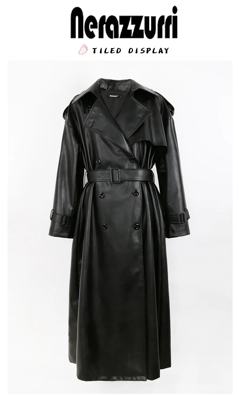 Nerazzurri Spring Autumn Long Oversized Black Pu Leather Trench Coat for Women Belt Double Breasted Loose Casual Korean Fashion