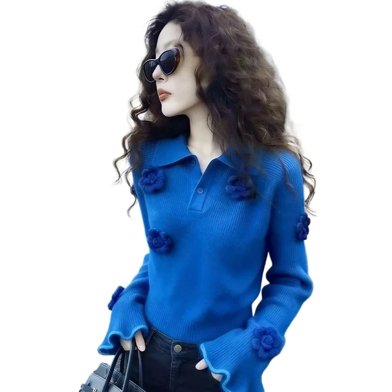 Suéter de punto High Sense Wild Top para mujer, suéter decorativo con flores azules, suéter holgado para mujer, suéter nuevo con solapa para otoño e invierno