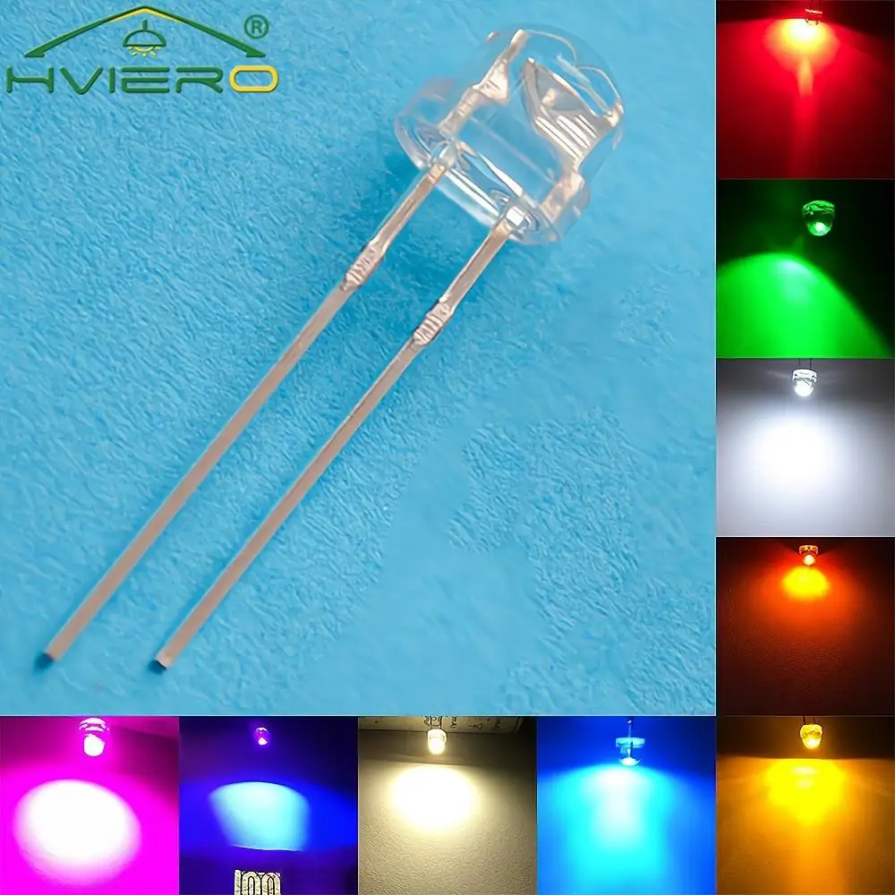 

500Pcs F5 5mm Straw Hat Light Bead 3V Direct Insertion Water Clear Emitting Diodes Ultra Bright White Blue Green Wide Angle Bulb