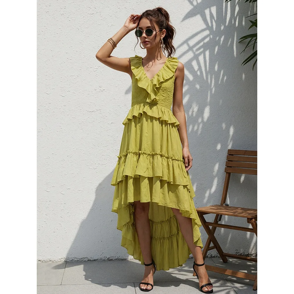 Vestido casual solto de chiffon com babados em camadas, sem mangas, vestidos midi altos e baixos para reunião de família, amigos, festas e passeios diários