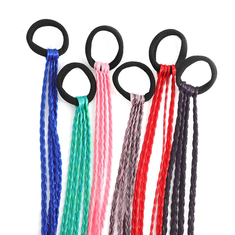 Colored Braided Ponytail Extension Elastic Hair Tie Rainbow Synthetic Hair Braids for Kids Girls Festival Party Cosplay
