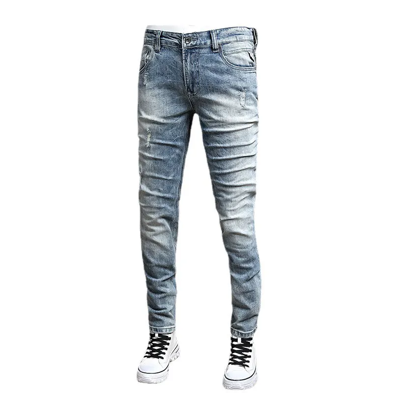 Italian Style Fashion Men Jeans Retro Light Blue Elastic Slim Fit Ripped Jeans Men Vintage Designer Casual Denim Pants Hombre