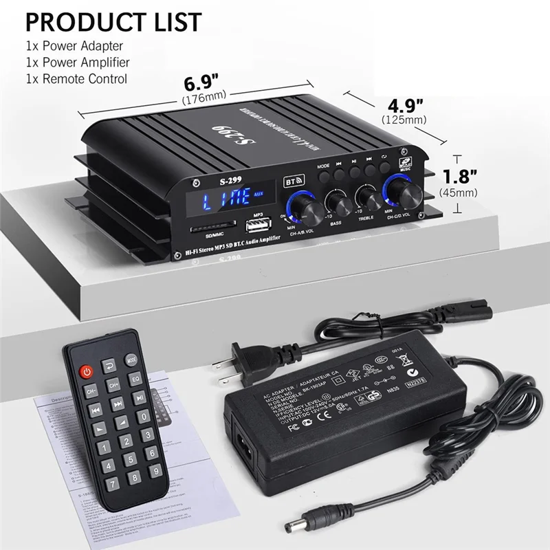 FFYY-S-299 Mini 4.1 Audio Stereo Power Amplifier BT Portable Car And Home Dual-Use 4X40W Remote Audio Amplifier EU Plug Easy Ins