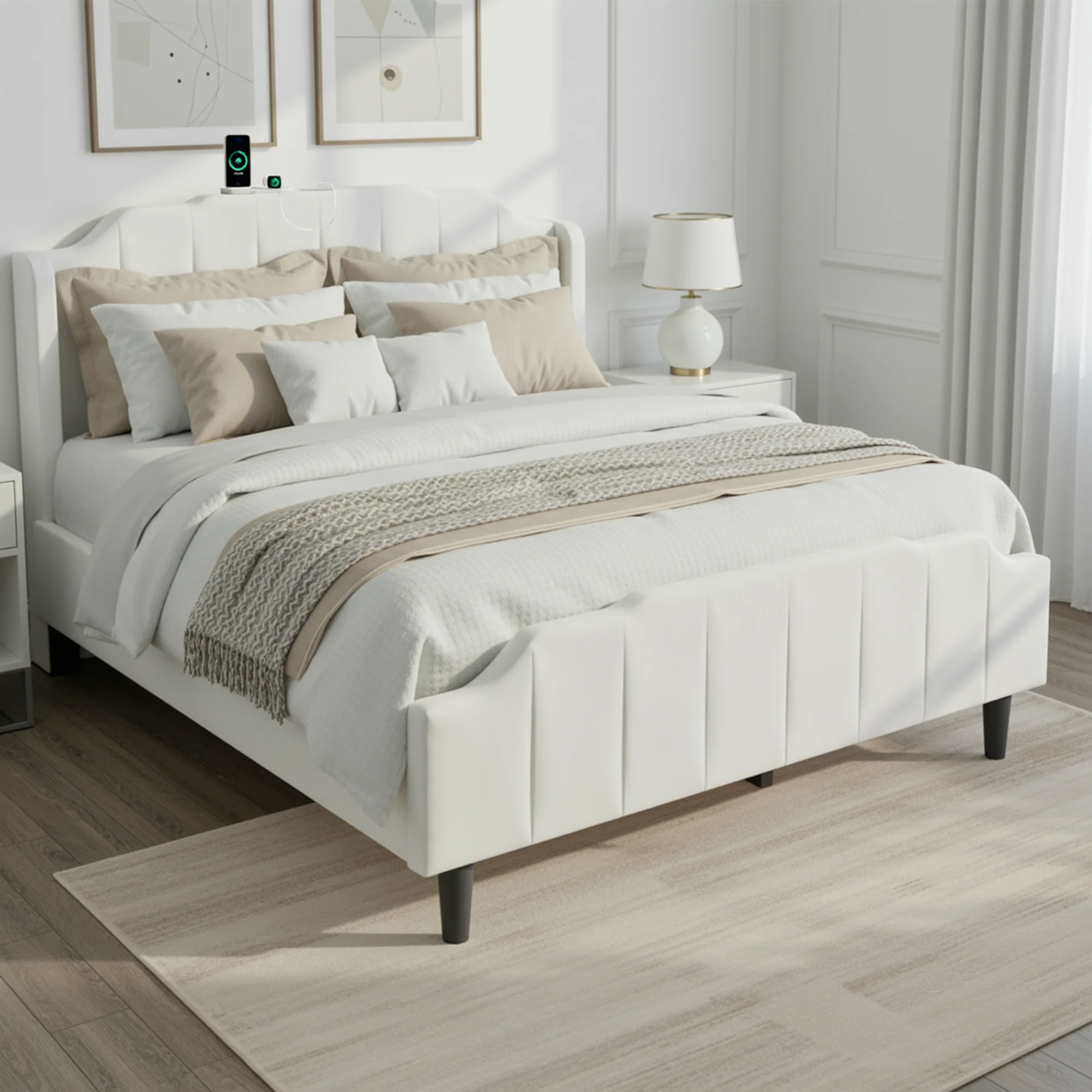 HOOMIC Full/Queen Velvet Platform Bed Frame with Wingback Headboard & Footboard, Vertical Tufted, Built-In Charging Station