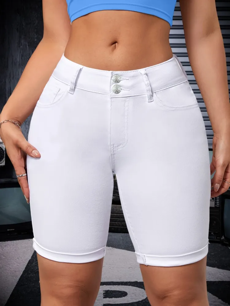 

White stretch double breasted fashionable denim shorts