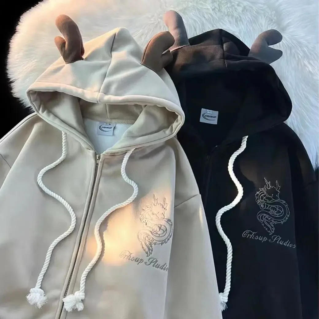 Sudadera con capucha bordada con cremallera para parejas, suéter de manga larga, Sudadera con capucha de terciopelo, año del Dragón, ropa Harajuku, nuevo