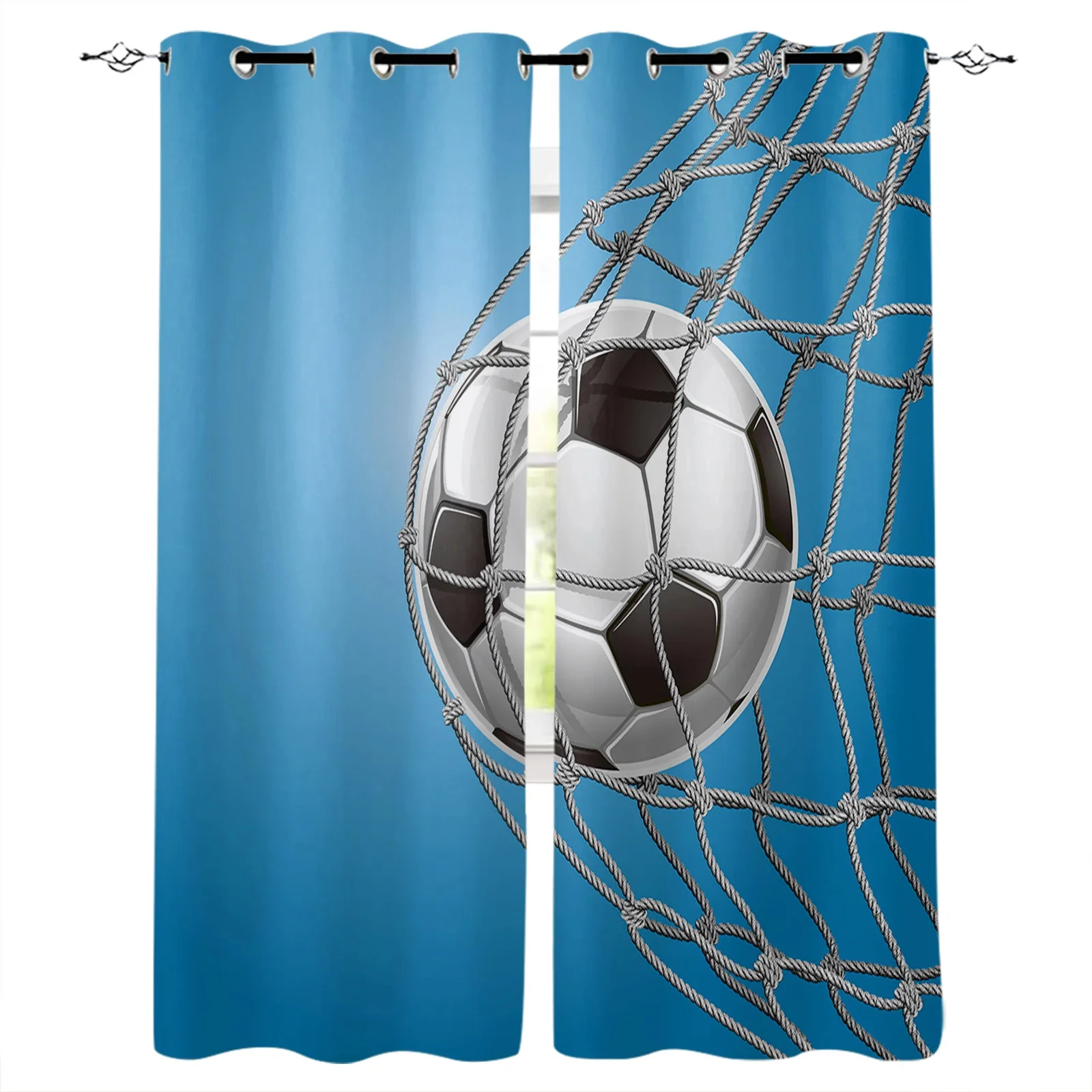 2PCS Cartoon Football Net Blue Gradient Window Screen Printed Design Office Indoor Window Curtains Kitchen Curtain Home Drapes