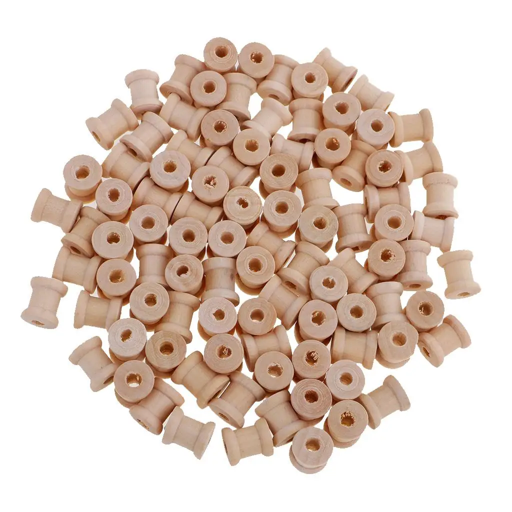 100pcs Natural Color Wooden Empty Thread Spools for Thread String Ribbons Wires Coils DIY Roller 14mmx12mm