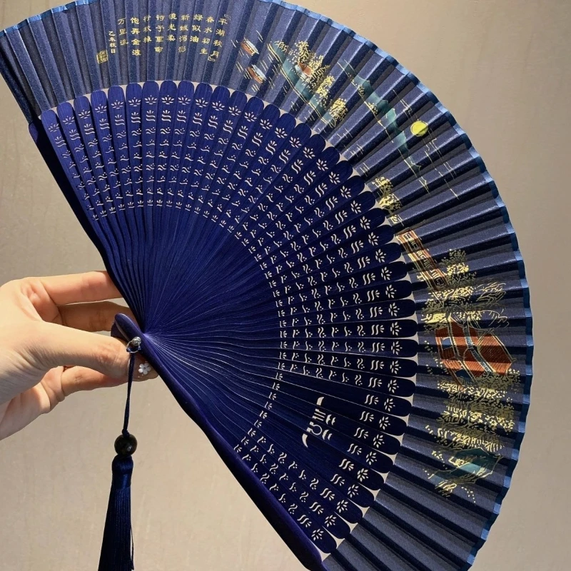 Silk Folding Dance Fan Portable Vintage Lady Folding Fan Chinese Landscape Fans Summer Women Bamboo Hand Fan Abanicos Para Boda